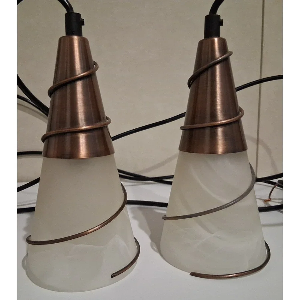 Pair of Copper and Glass Cone Pendant Lights Made in Italy 